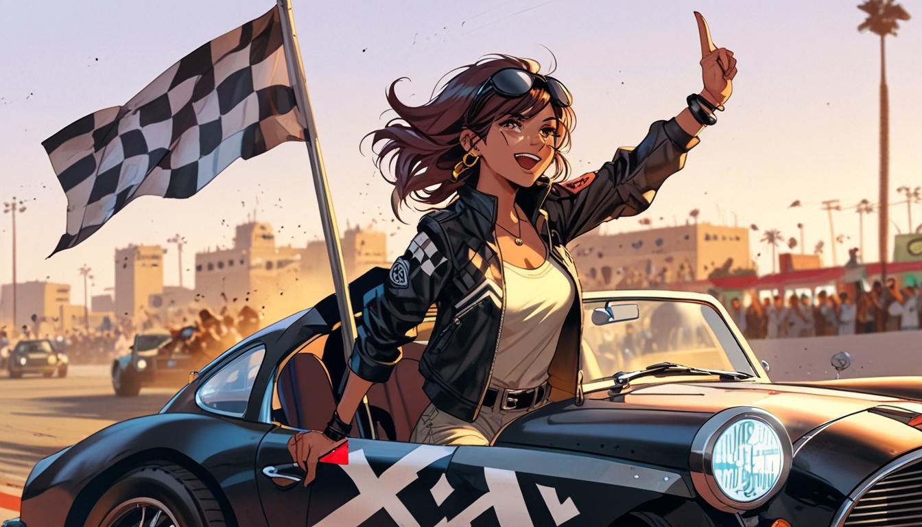 Georgina Rodriguez waves checkered flag at Formula E event in Jeddah